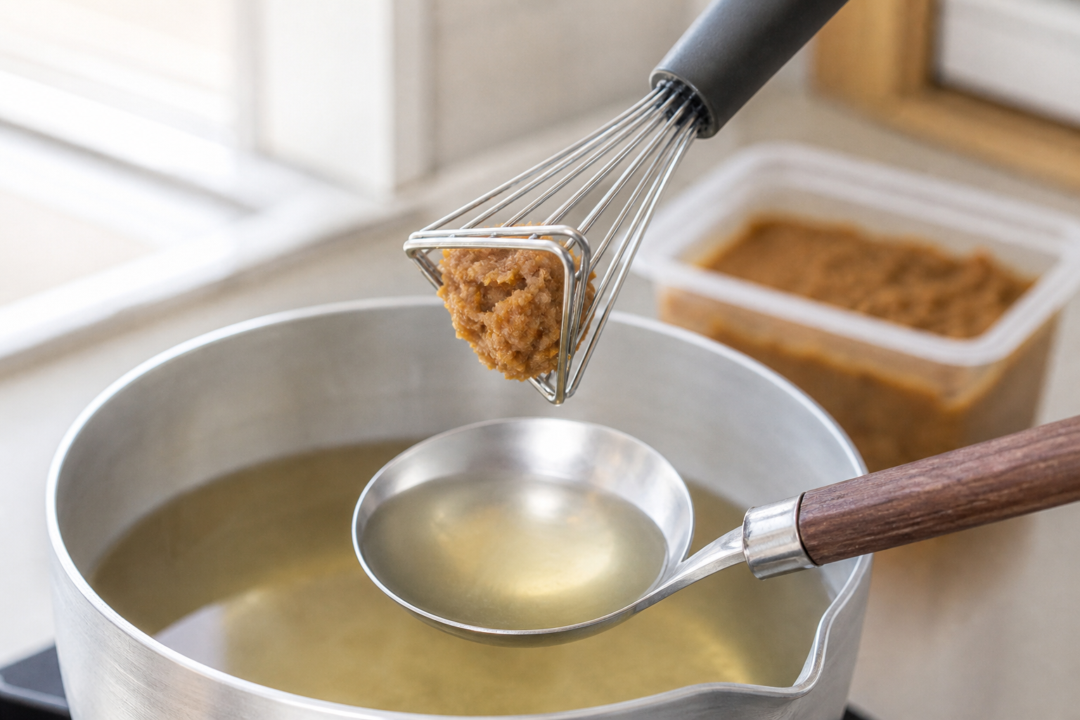 みそマドラーですくった味噌を鍋のだしへ溶かす使用イメージ