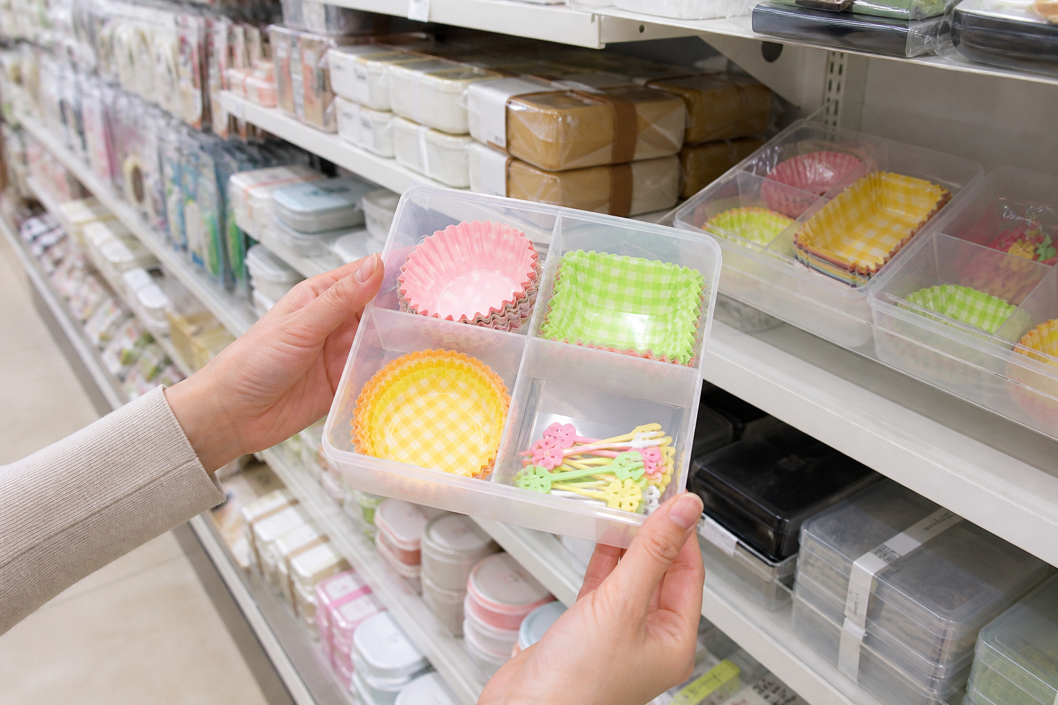 お弁当用品売り場で仕切り付きのおかずカップ収納ケースを確認するイメージ