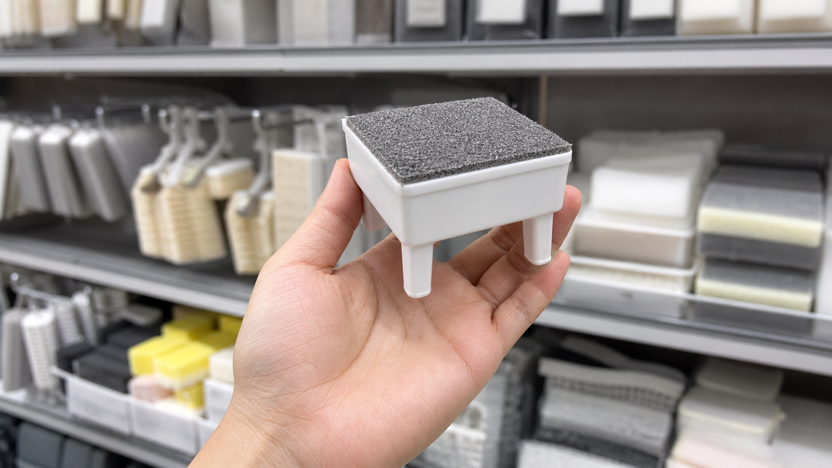 100円ショップの掃除用品売り場で脚付きキューブ型クリーナーを探すイメージ