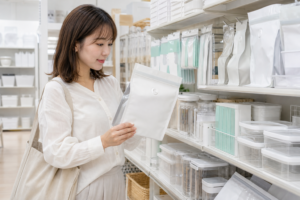 100円ショップのキッチン収納売り場でバルブ付きのお米保存袋を探すイメージ