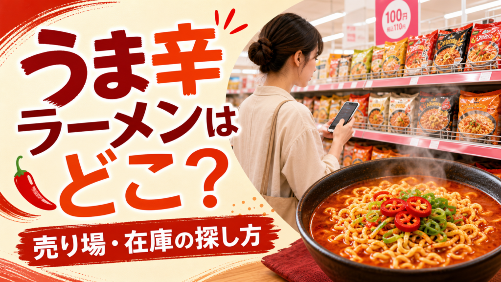 うま辛ラーメンの売り場と在庫をスマートフォンで探すイメージ