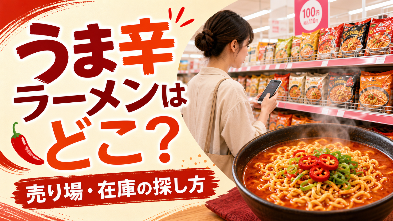 うま辛ラーメンの売り場と在庫をスマートフォンで探すイメージ
