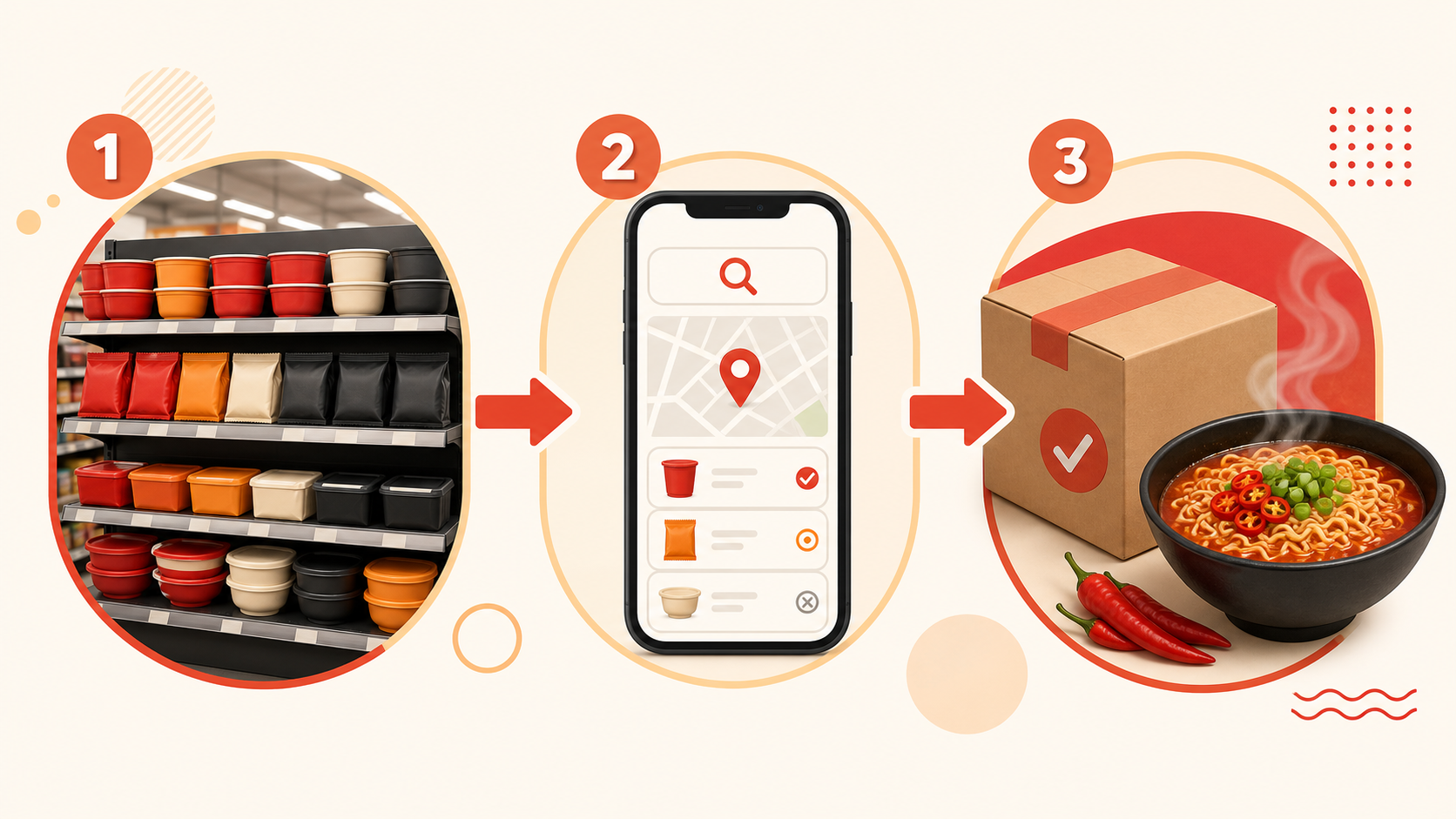 店頭の食品棚、スマートフォンの在庫検索、通販を順に確認するイメージ