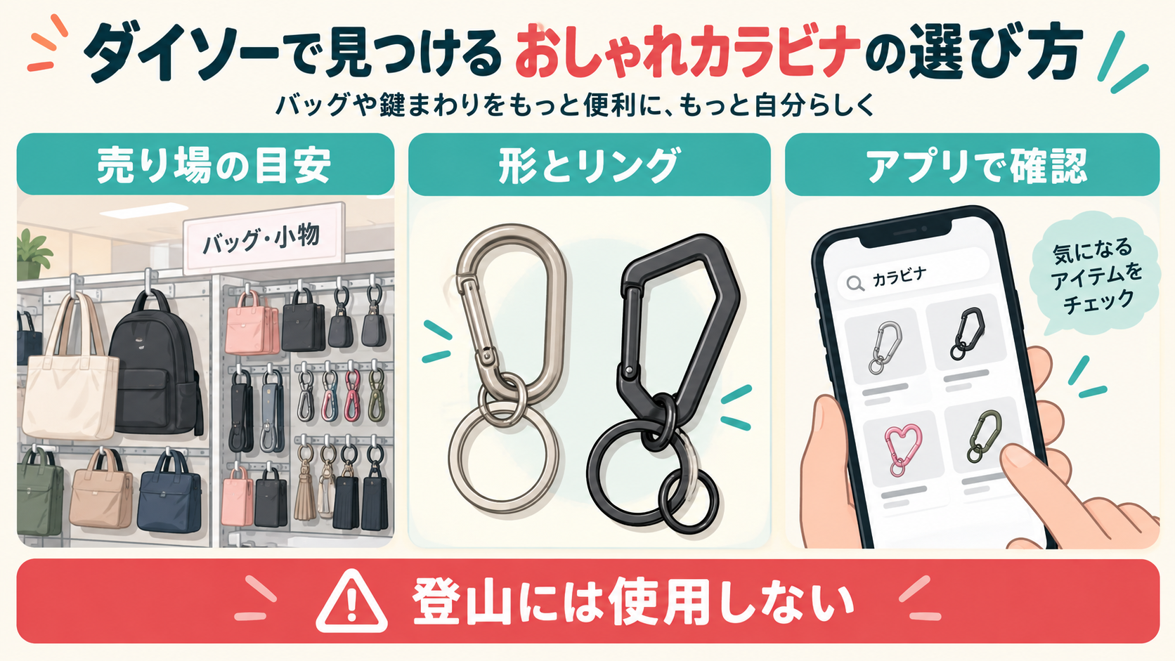 ダイソーのカラビナの売り場と用途を説明するAI生成イラスト（記事本文の解説図）