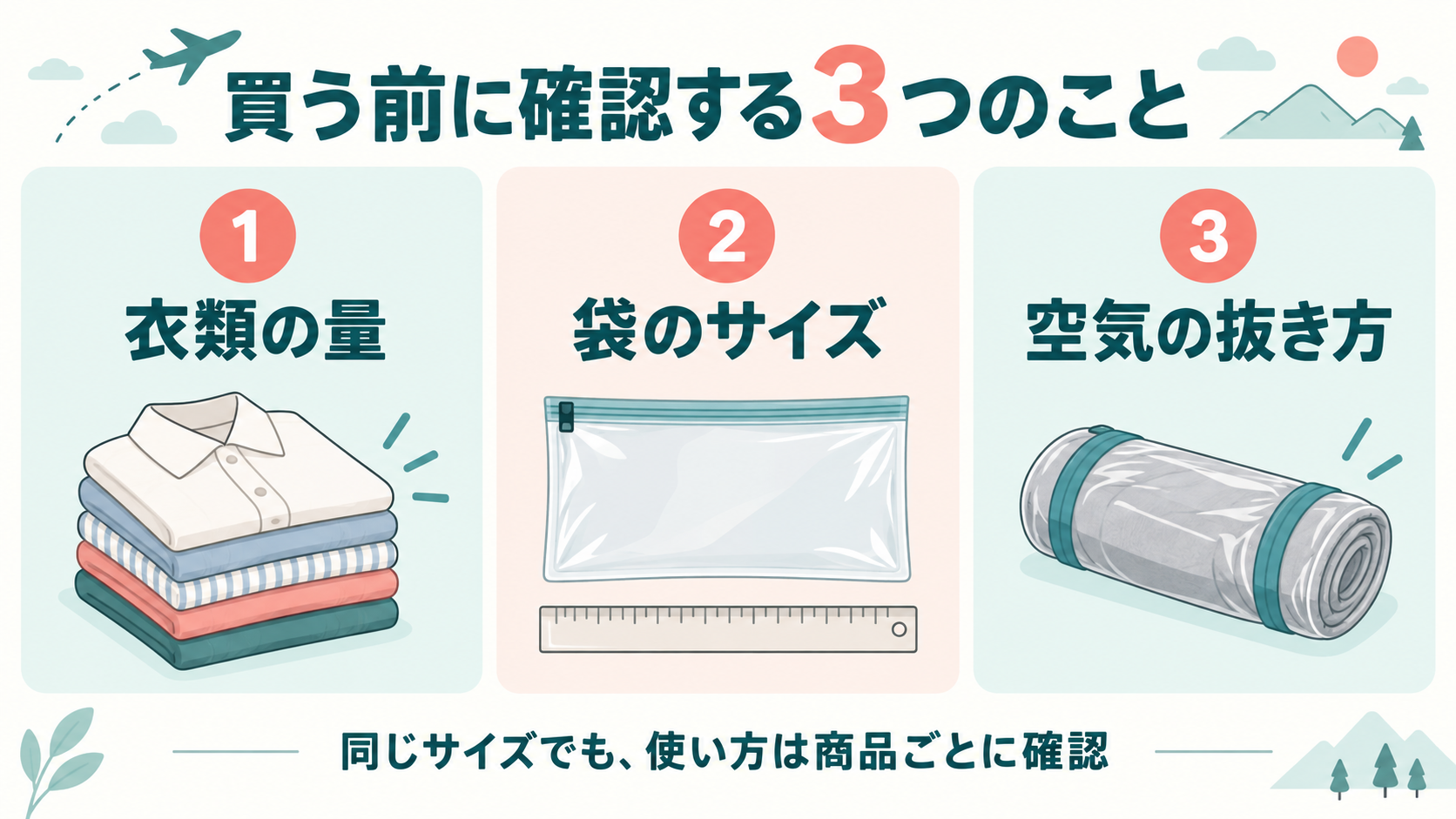圧縮袋を買う前に衣類の量、袋のサイズ、空気の抜き方を確認するチェック図