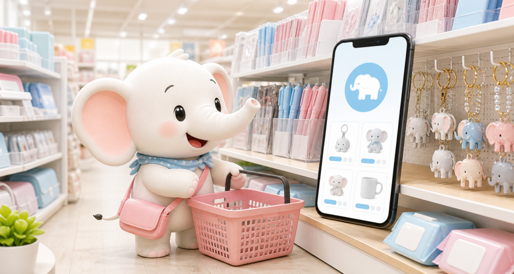 文具やキーホルダーの売り場と在庫検索を表したオリジナルのイラスト