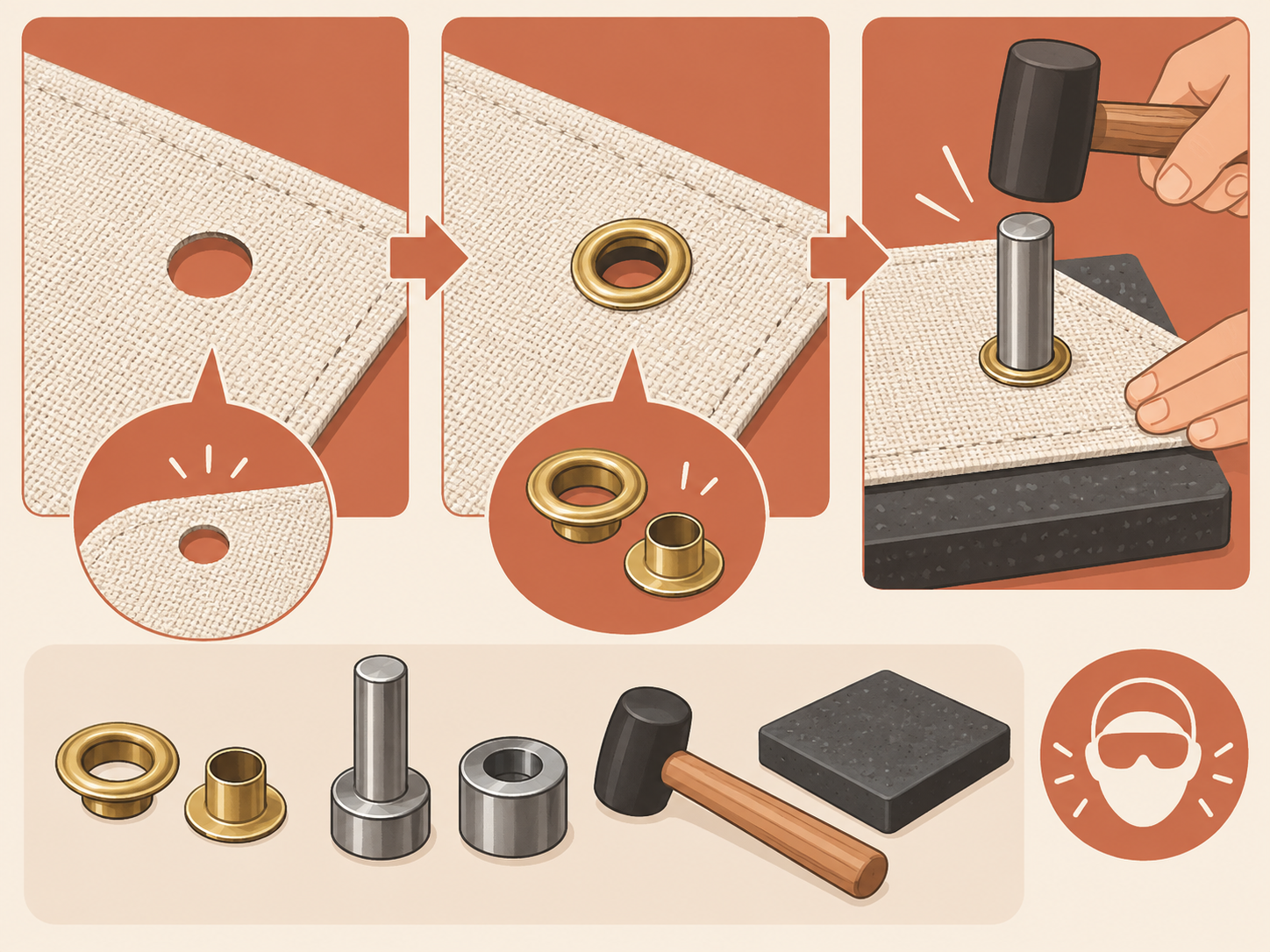ダイソーのハトメと工具の売り場と選び方を説明するAI生成イラスト(記事本文の解説図)