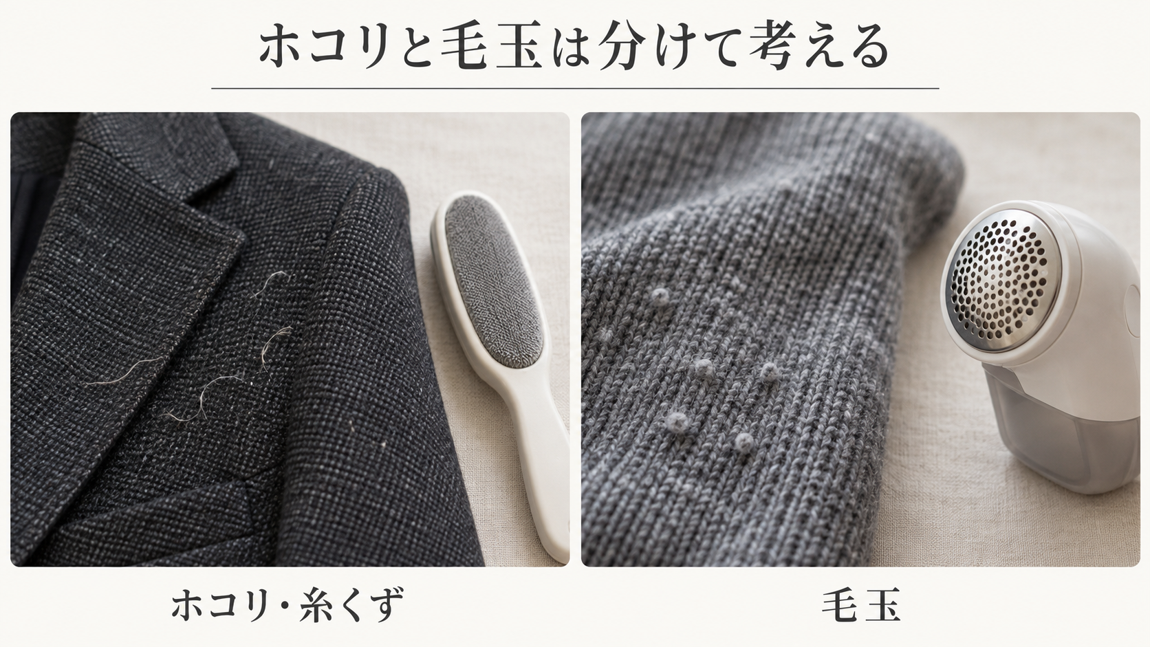 洋服ブラシと毛玉取りを用途で区別するAI生成イメージ