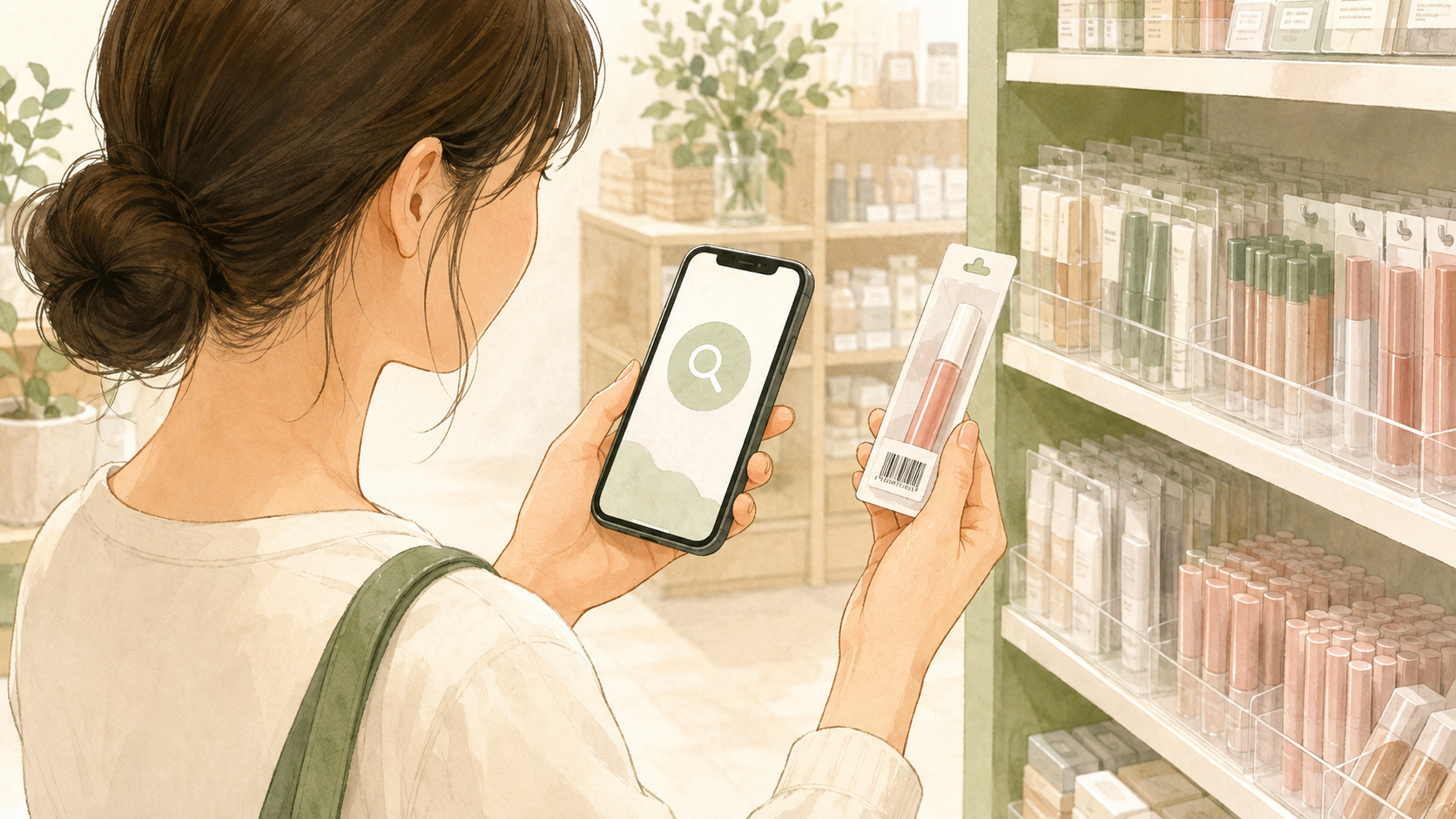 化粧品売り場でスマートフォンと商品のバーコードを確認するイラスト