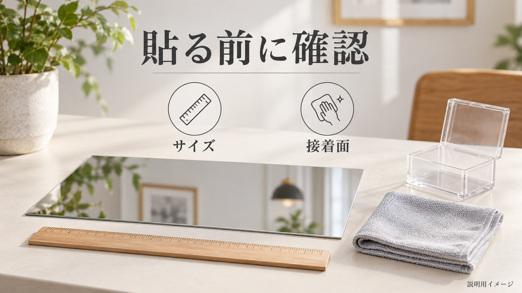 貼る前にサイズと接着面を確認するミラーシートのAI生成イメージ