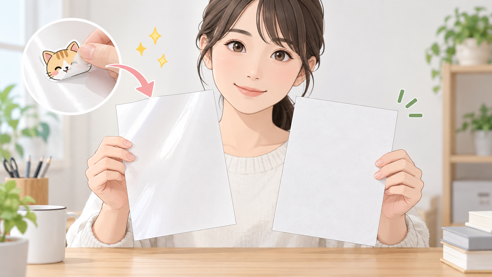 ダイソーの剥離紙シートの売り場と使い方を説明するAI生成イラスト（記事本文の解説図）