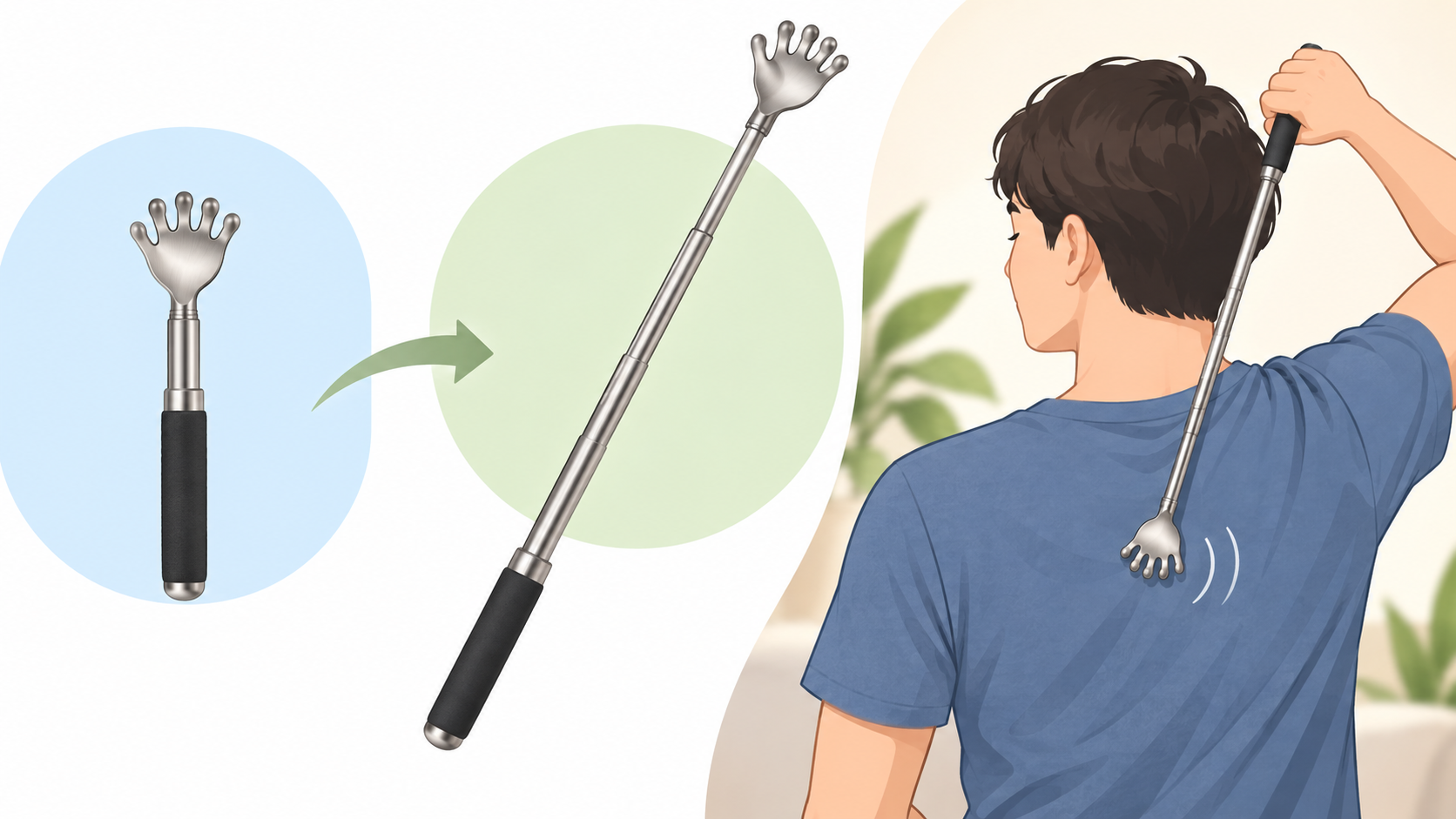 ダイソーの孫の手の売り場と選び方を説明するAI生成イラスト（記事本文の解説図）