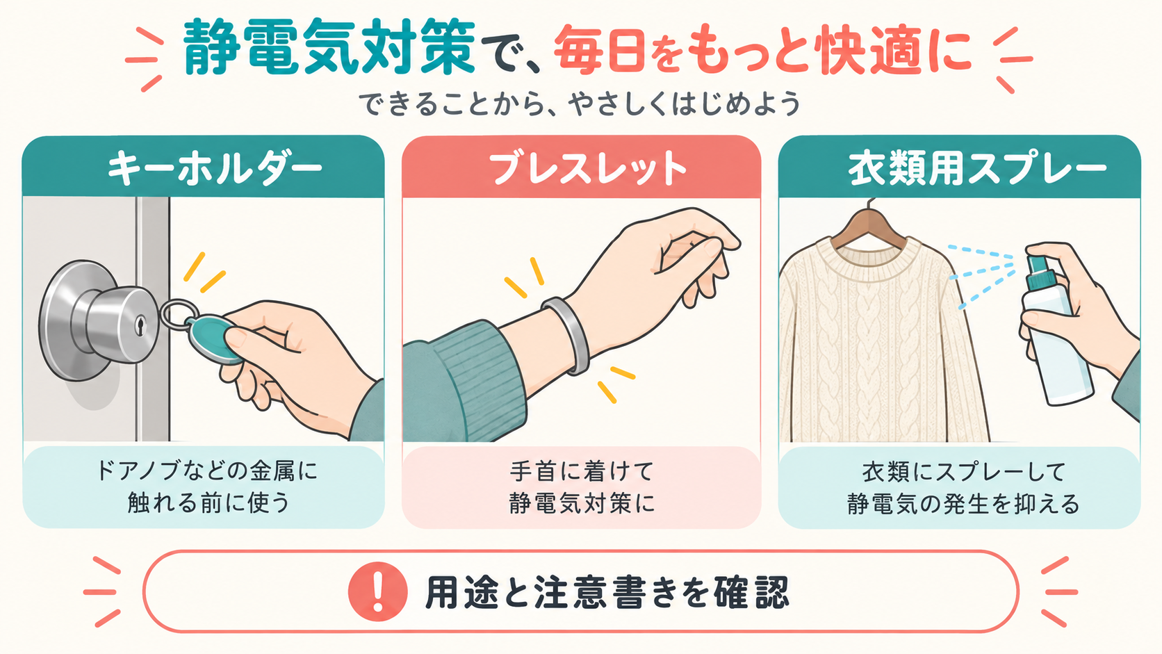 ダイソーの静電気対策グッズの売り場と種類を説明するAI生成イラスト（記事本文の解説図）