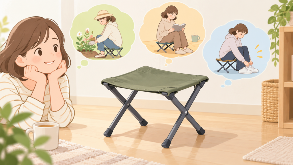 ダイソー 折りたたみ椅子 売り場を説明するAI生成イラスト（商品の実物ではありません）