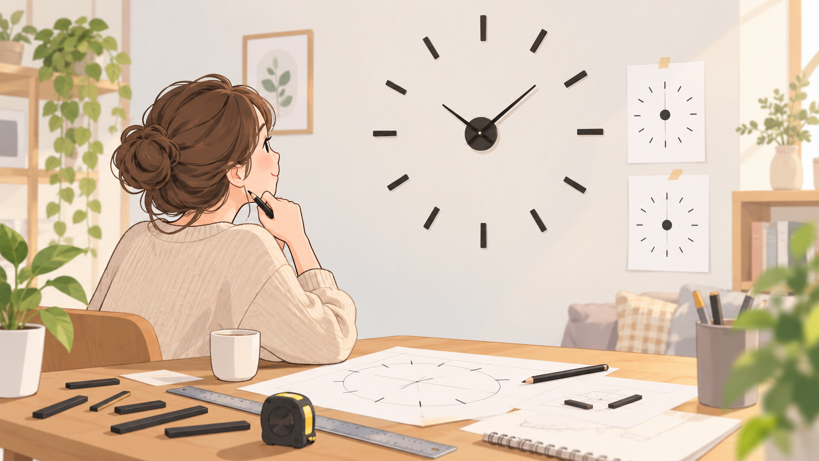 ダイソー 手作り時計キット 売り場を説明するAI生成イラスト（商品の実物ではありません）