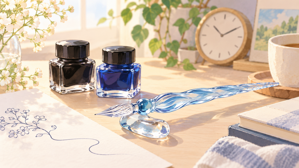 ダイソー ガラスペン 売り場を説明するAI生成イラスト（商品の実物ではありません）
