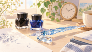 ダイソー ガラスペン 売り場を説明するAI生成イラスト（商品の実物ではありません）