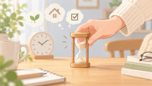 ダイソー 砂時計 売り場を説明するAI生成イラスト（商品の実物ではありません）