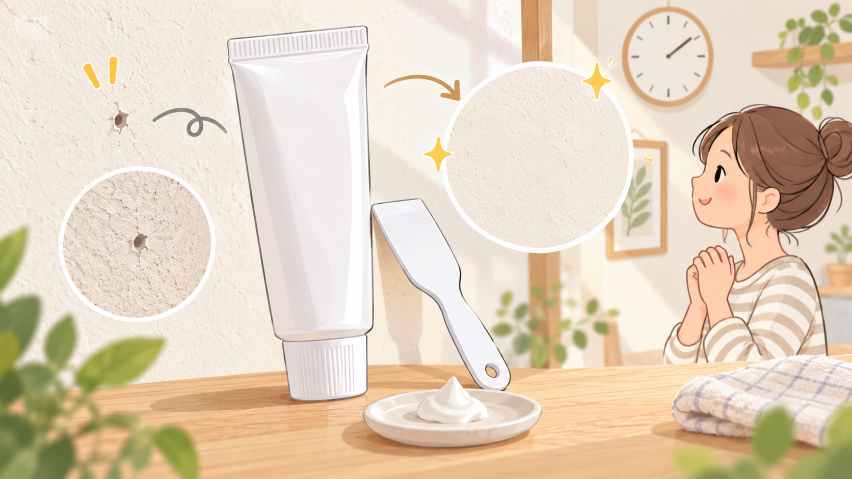 ダイソー 壁の穴埋めパテ 売り場を説明するAI生成イラスト（商品の実物ではありません）