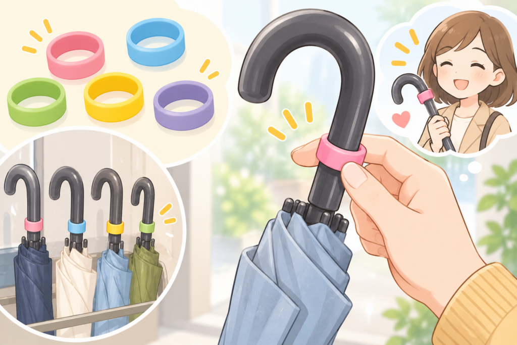 ダイソー 傘目印 売り場を説明するAI生成イラスト（商品の実物ではありません）
