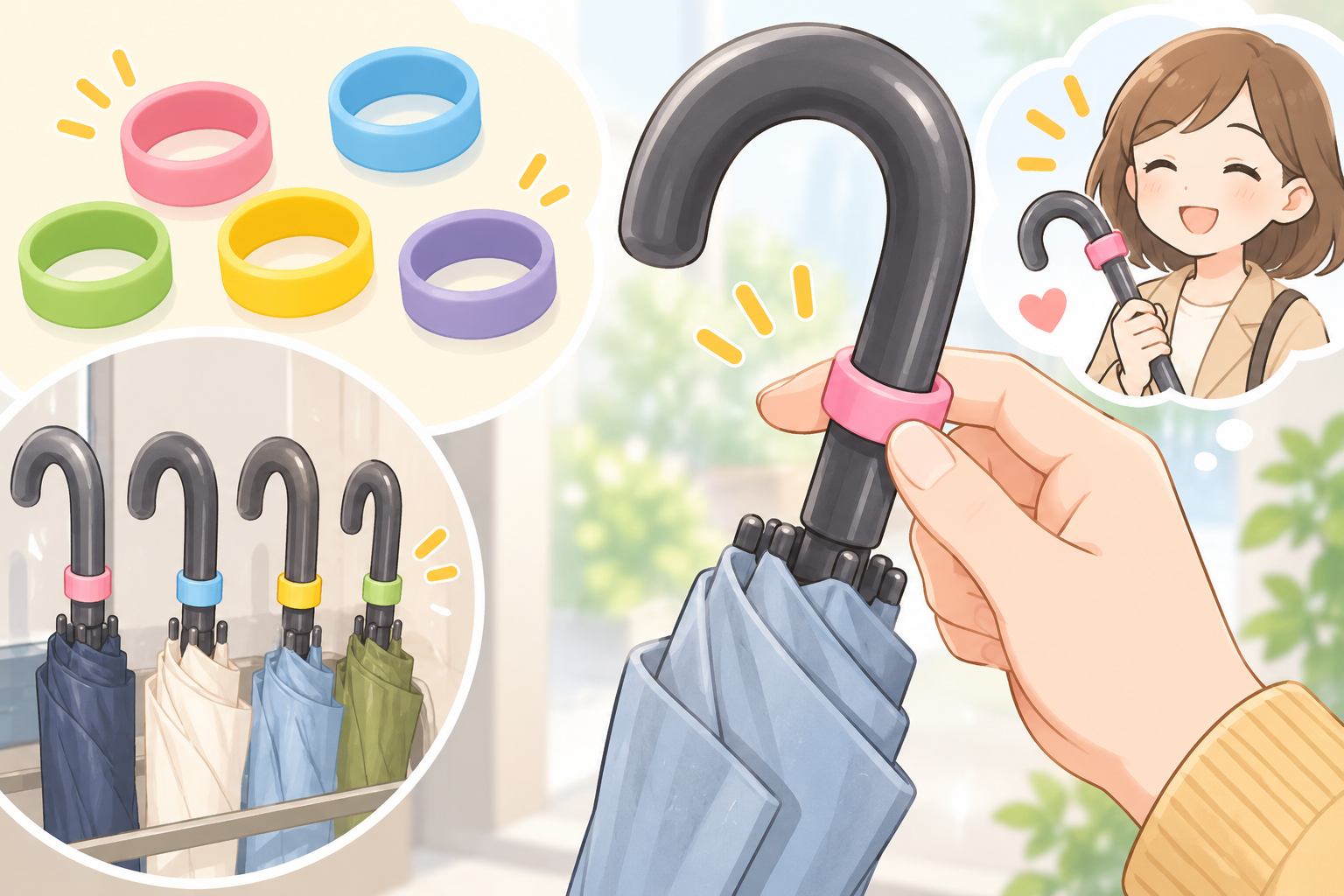 ダイソー 傘目印 売り場を説明するAI生成イラスト（商品の実物ではありません）