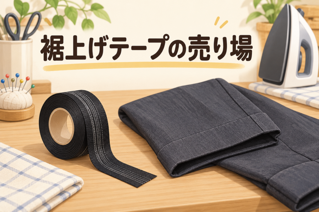 ダイソー 裾上げテープ 売り場を説明するAI生成イラスト（商品の実物ではありません）