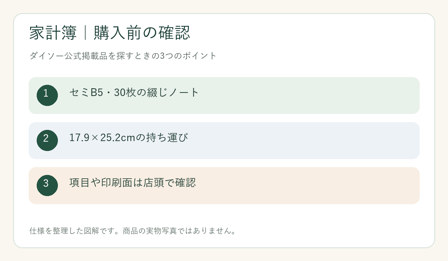 ダイソー 家計簿 売り場の購入前の確認ポイントを整理した図解