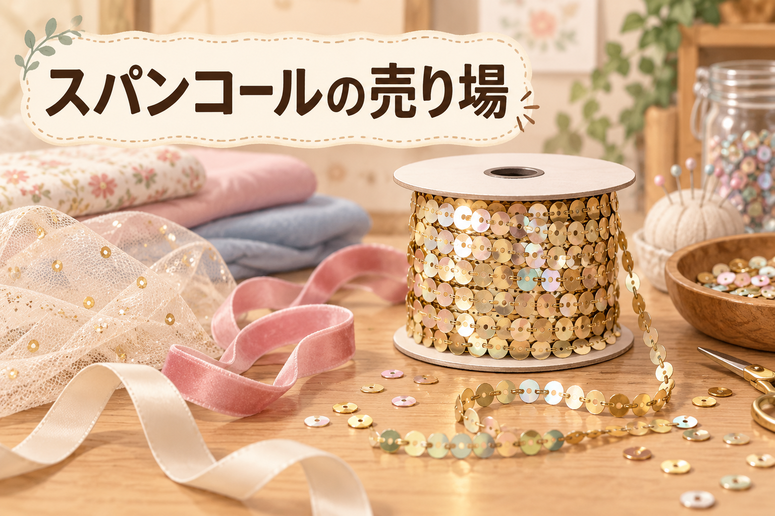ダイソー スパンコール 売り場を説明するAI生成イラスト(商品の実物ではありません)