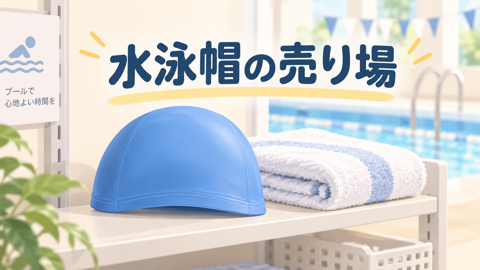 ダイソー 水泳帽 売り場を説明するAI生成イラスト（商品の実物ではありません）