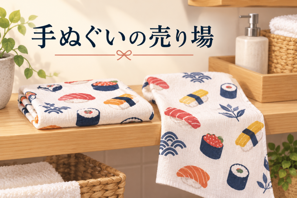ダイソー 手ぬぐい 売り場を説明するAI生成イラスト（商品の実物ではありません）