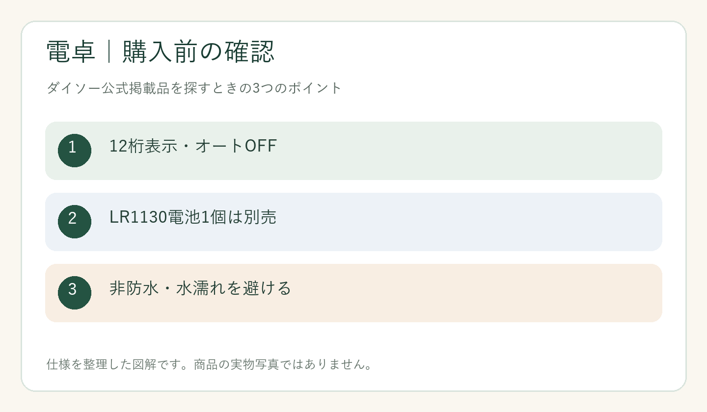 ダイソー 電卓 売り場の購入前の確認ポイントを整理した図解